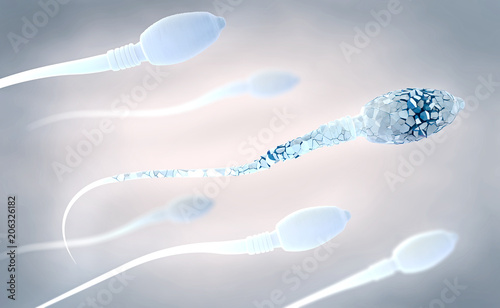 Foto 3d illustration of white damaged sperm cells swimming to the right
