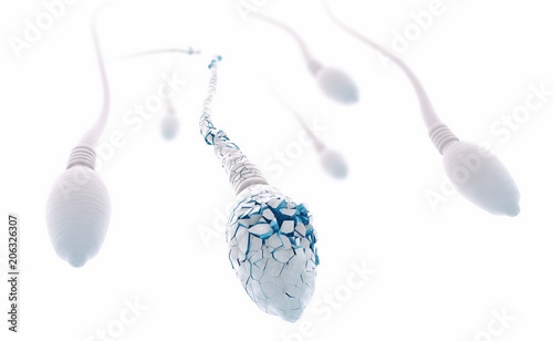 3d illustration of white damaged sperm cells swimming to the right photo