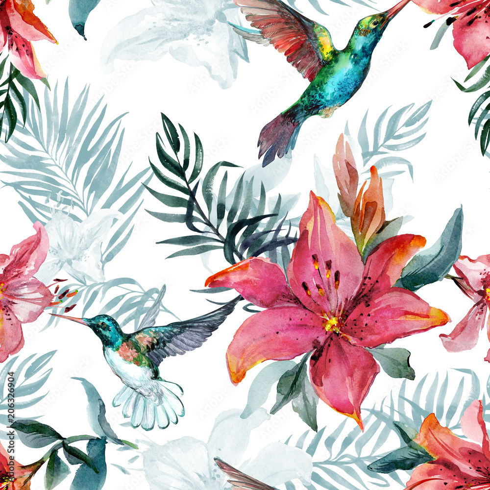 Beautiful colorful flying hummingbirds and red lily flowers on white background. Exotic tropical seamless pattern. Watecolor painting. Hand painted illustration.