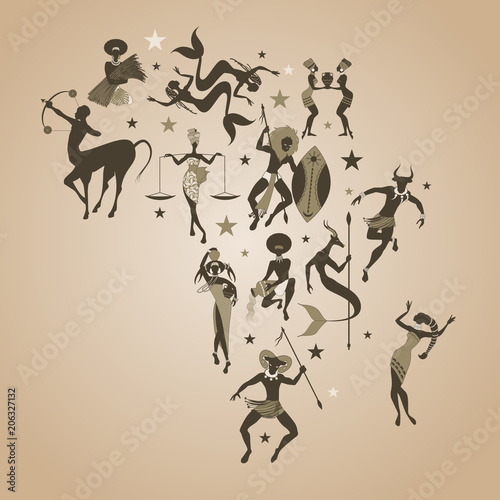 Zodiac map of Africa. Signs of the zodiac African or tribal style, creating the shape of the map of Africa