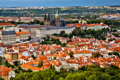 Beautiful aerial view of Prague Castle from the observation tower on Petrin hill in Prague, Czech Republic.