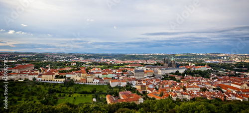 Beautiful panoramic aerial view of Prague Castle and the old town from the observation tower on Petrin hill in Prague, Czech Republic.