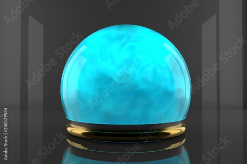 Crystal ball with fume inside and particles motion. Cyan color gas inside a glass sphere. Design of liquid luminous smoke.