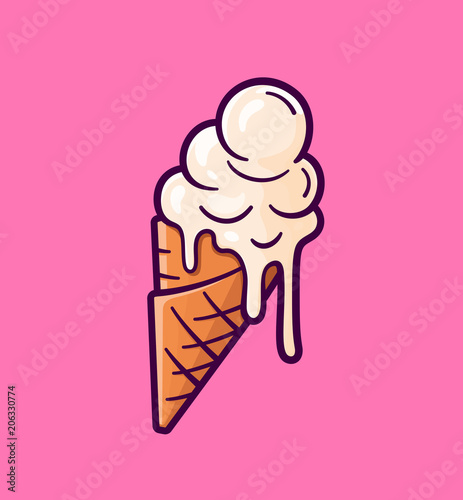 Tablou canvas Melting ice cream balls in the waffle cone isolated on pink background