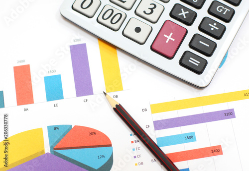 Business charts and graphs, calculator, pencil