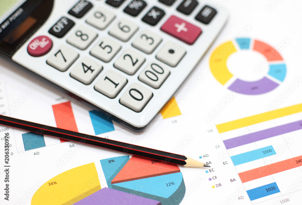 Business charts and graphs, calculator, pencil Business charts and graphs, calculator, pencil