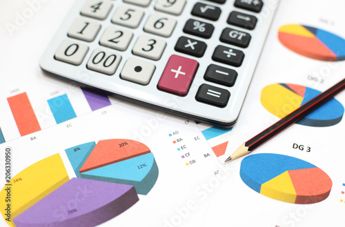 Business charts and graphs, calculator, pencil