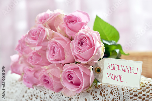 bunch of pink roses for Mother Day Day in Poland with text -for dear mom