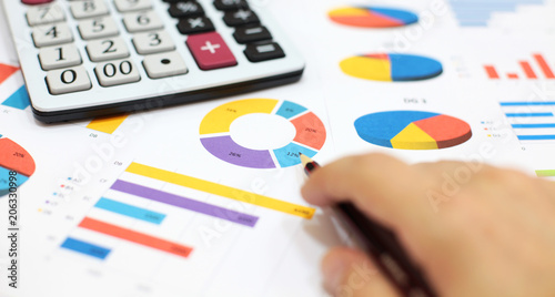 Business charts and graphs, calculator, pencil