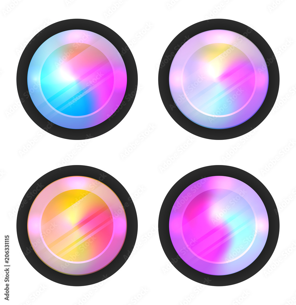 Set of round holographic banners. Blurred rainbow elements. The lens of ...
