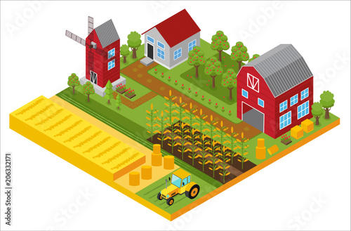Rural 3d farm isometric template with mill, garden, trees, agricultural vehicles, farmer house and greenhouse game or app vector illustration.