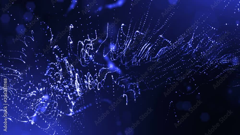 3d render loop animation of glow particles form oscillating lines as swinging garland as holyday background or abstract background of particles with depth of field and bokeh like vj loop. Blue 8