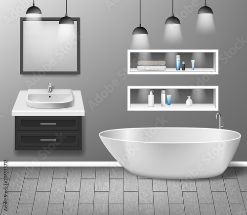 Realistic bathroom furniture interior with modern bathroom sink, mirror, shelves, bathtub and decor elements on grey wall with wooden floor. vector illustration