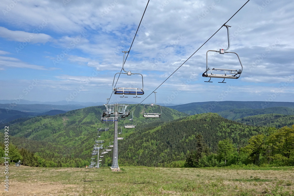 Cableway in mountain resort Skalka, Kremnica mountains , country Slovakia, Europe. Background is the Kremnica mounts forests. 