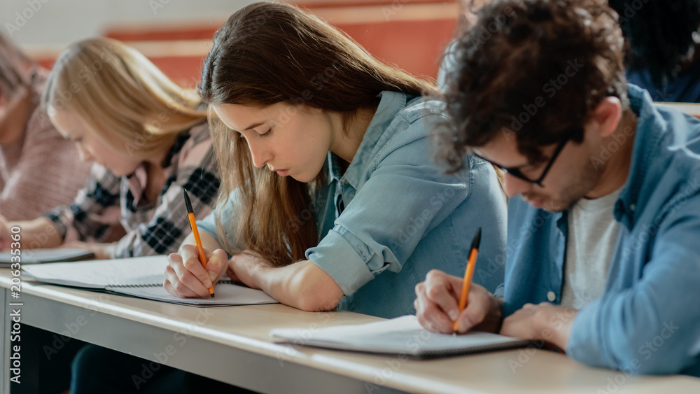 Row of Multi Ethnic Students in the Classroom Taking Exam/ Test/ Writing in Notebooks. Bright Young People Study at University. Row of Multi Ethnic Students in the Classroom Taking Exam/ Test/ Writing in Notebooks. Bright Young People Study at University.