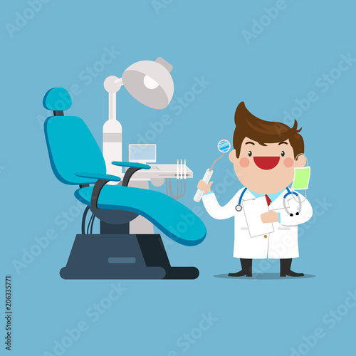 Happy Dentist Doctor with Chair in Dental Cabinet and Instrumental tools.