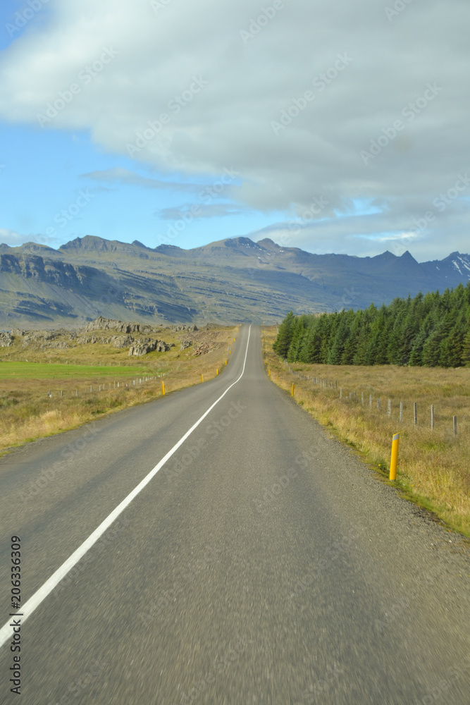 Icelandic mountain stones and road and sky