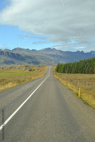 Icelandic mountain stones and road and sky