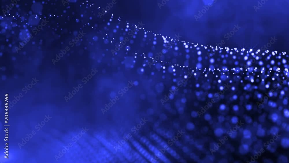 3d render loop animation of glow particles form oscillating lines as swinging garland as holyday background or abstract background of particles with depth of field and bokeh like vj loop. Blue 22