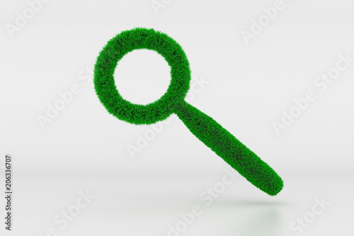 3D Illustration, Shape of a magnifying glass Sign with green Grass
