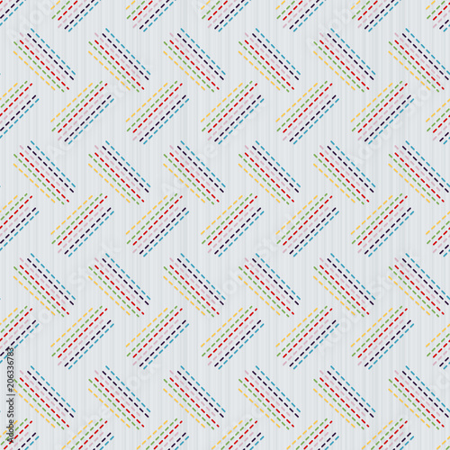 Tilted sashiko texture. Abstract Seamless patterns. Colorful stitches on the white background. Japanese embroidery ornament for pattern fills, handicraft for decoration. photo