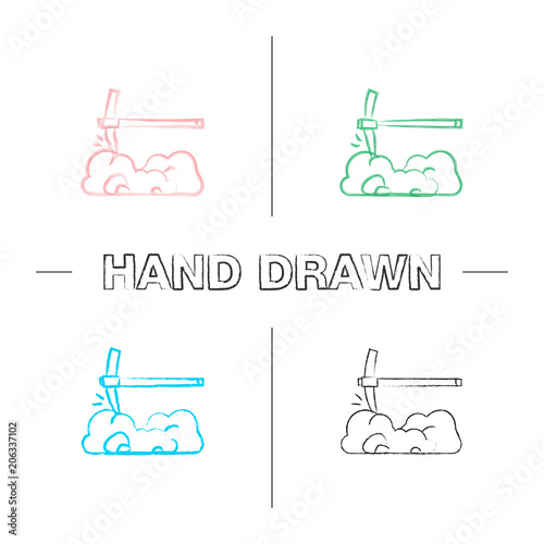 Pick axe breaking rocks hand drawn icons set