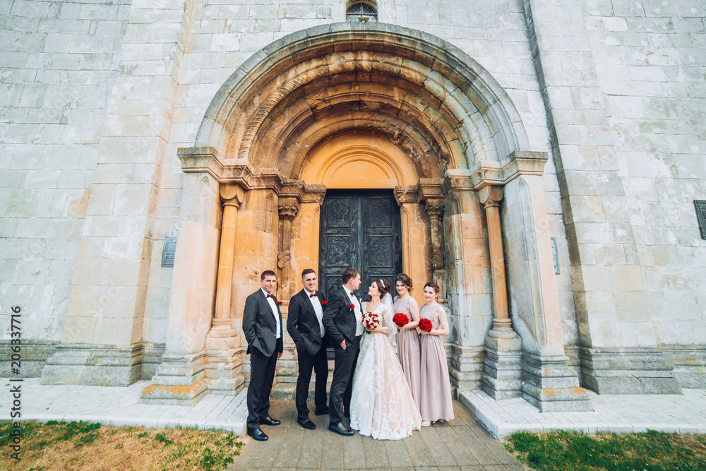 Newlyweds, bridesmaids & groomsmen posing near christian church. Bride and groom with friends take photo behind old stone door. Sunny wedding day for adorable people.