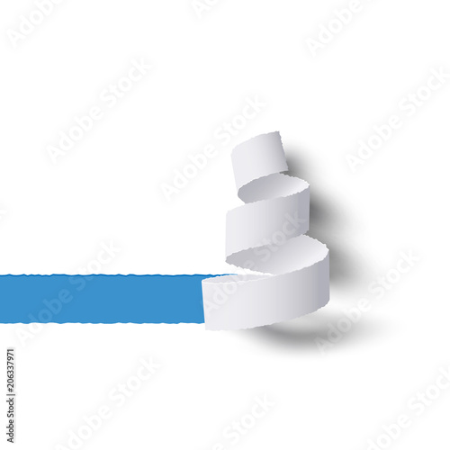 White paper roll ripped with shadows, blue copy space for tex