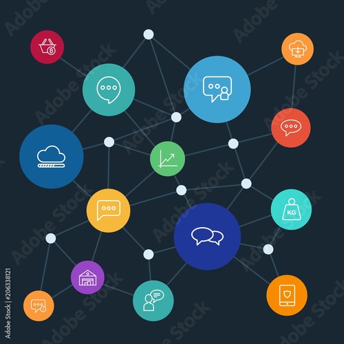 Abstract background with polygonal connected lines. Set of networking, charts, chat and messenger, security, shopping outline icons. Can be use for websites, mobile apps, presentations.