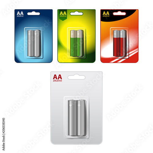 Set of Vector Glossy Alkaline AA Batteries in Blister. Packed for your branding. Close up Isolated on White Background