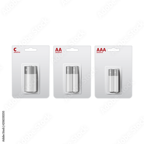 Set of Vector Glossy Alkaline AA, AAA, C Batteries in White and Black Blister. Packed for your branding. Close up Isolated on White Background