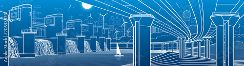 City infrastructure industrial and energy illustration panorama. Hydro power plant. River Dam. Large automobile bridge. White lines on blue background. Vector design art