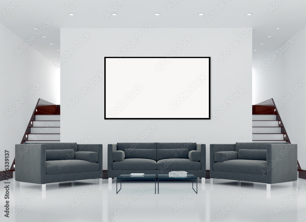 Modern bright interiors apartment with mockup poster frame 3D rendering illustration