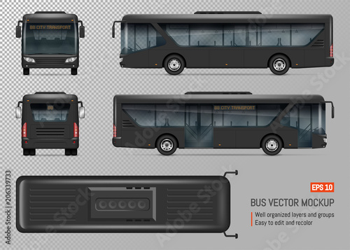 Bus vector mockup. Isolated template of city transport on transparent background for vehicle branding, corporate identity. View from left, right, front, back, top sides.