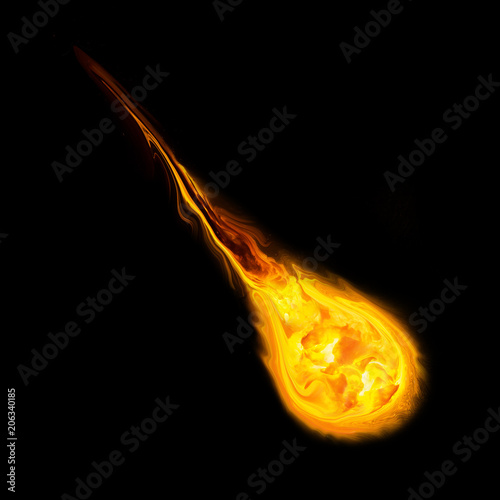 Comet moving in space. Asteroid with flame tail on black background