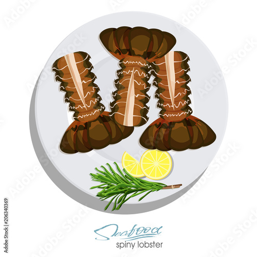 Spiny lobster with rosemary and lemon on the plate in cartoon style. Fresh spiny lobster. Seafood product design. Inhabitant wildlife of underwater world. Edible sea food. Vector illustration