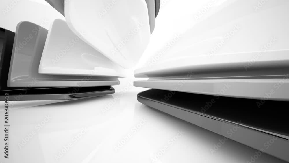 Abstract dynamic interior with black smooth objects and white room . 3D animation and rendering Abstract dynamic interior with black smooth objects and white room . 3D animation and rendering