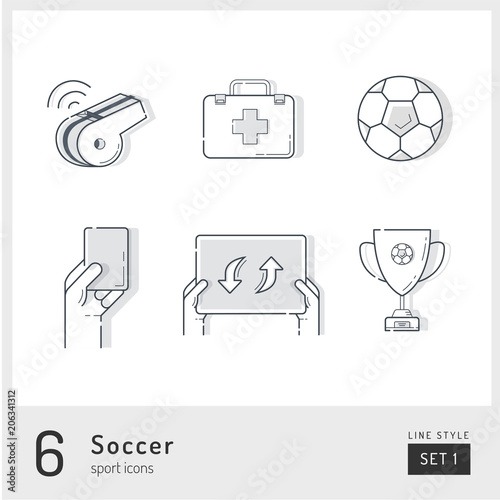 Set of football / soccer icons on the white background. Universal linear icons to use in web and mobile app.