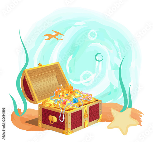 Ancient Royal Treasures in Old Chest at Sea Bottom