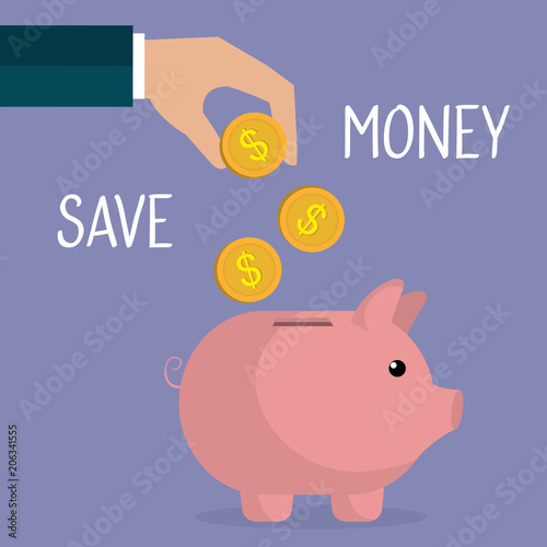 hand with coins and piggy savings vector illustration design