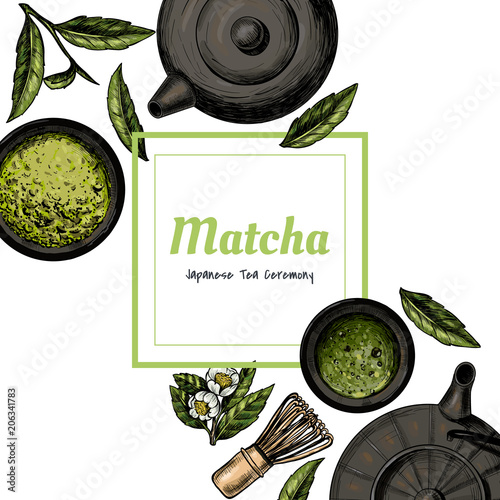 Vector frame with tea. Japanese tea ceremony. Matcha tea. Vintage style