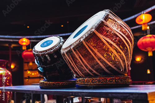 ethnic musical instrument tabla in the interior of the chill-out