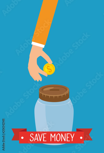 hand with coin money and jar vector illustration design