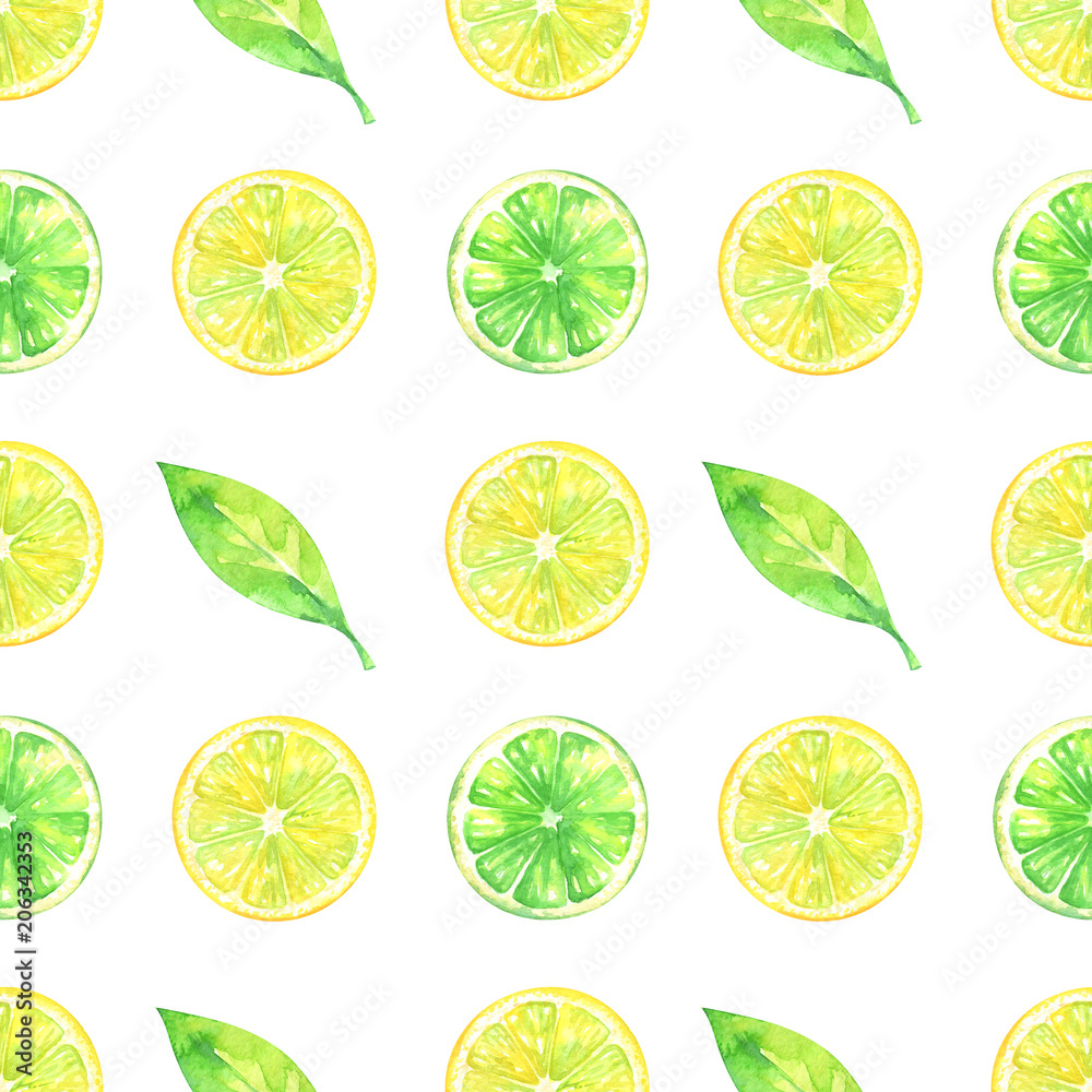 Hand painted minimalist seamless fruits pattern with watercolor lime, lemon and green leaf isolated on white background