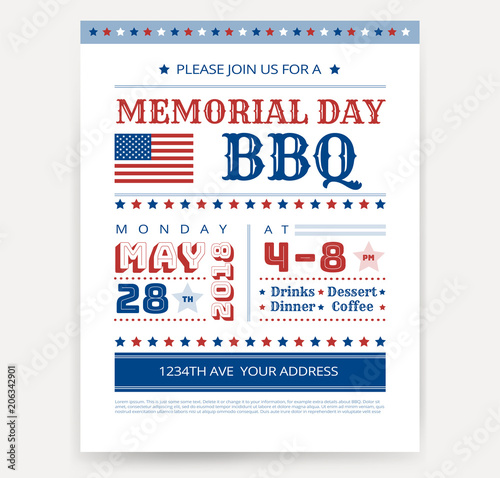 Memorial Day barbeque BBQ flyer, leaflet, letter invitation design template vector