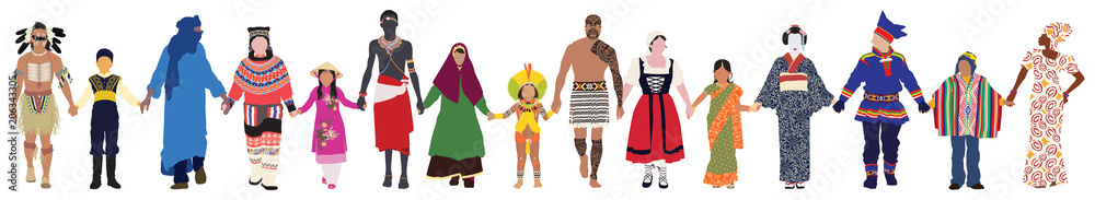 Vector people of different ages, races and genders in their traditional clothing walk together peacefully hand in hand