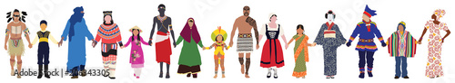 Vector people of different ages, races and genders in their traditional clothing walk together peacefully hand in hand