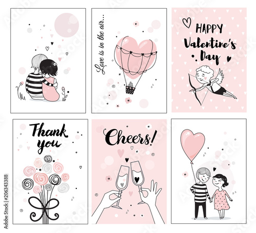 Cute romantic card set, vector illustration, perfect for posters and greeting cards, hand drawn illustration.