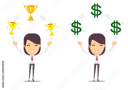 Woman holding cup, award, money prize. Stock flat vector illustration