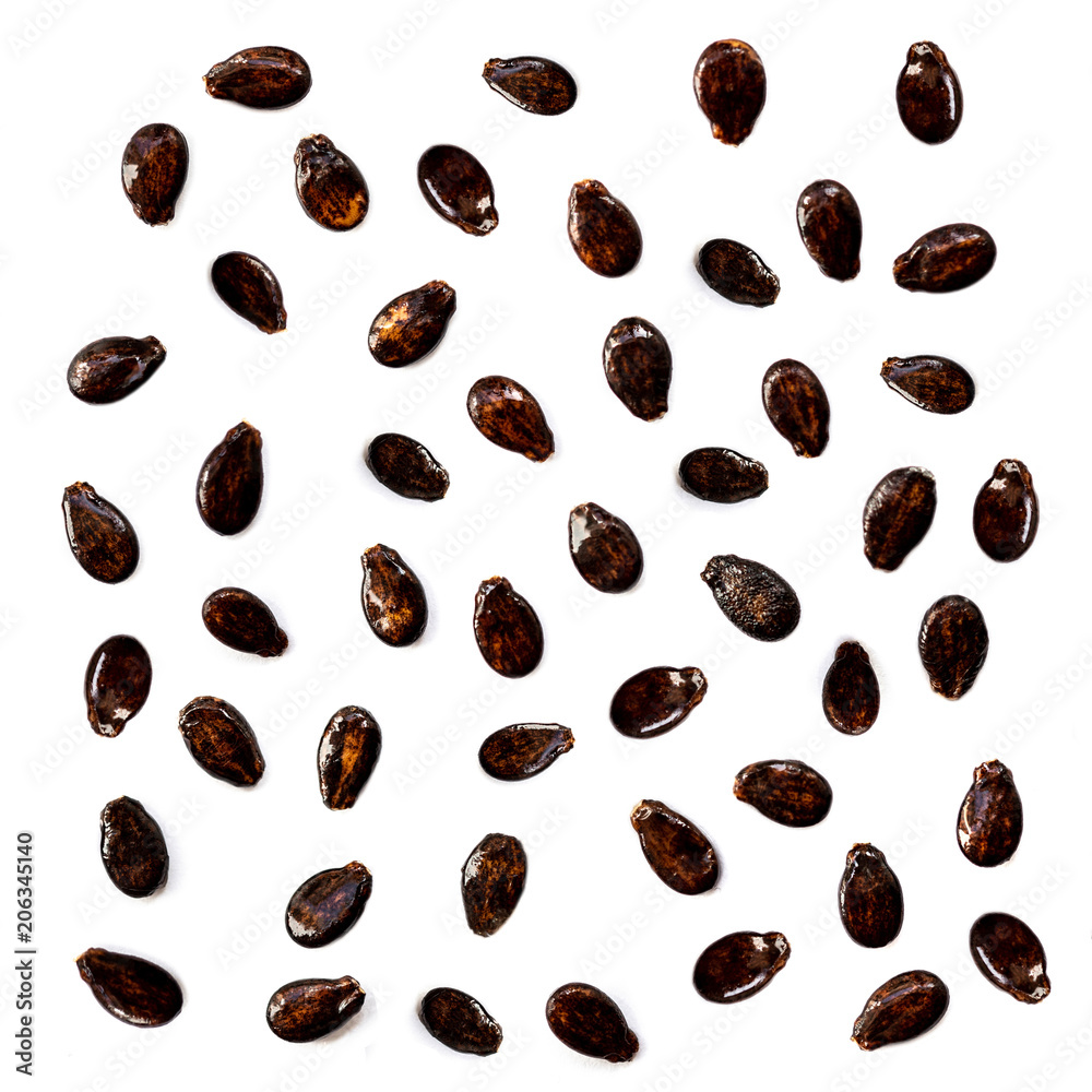 Seamless pattern with Watermelon seeds isolated on white background. Flat lay. Black seed Pattern. Food concept.. Seamless pattern with Watermelon seeds isolated on white background. Flat lay. Black seed Pattern. Food concept..
